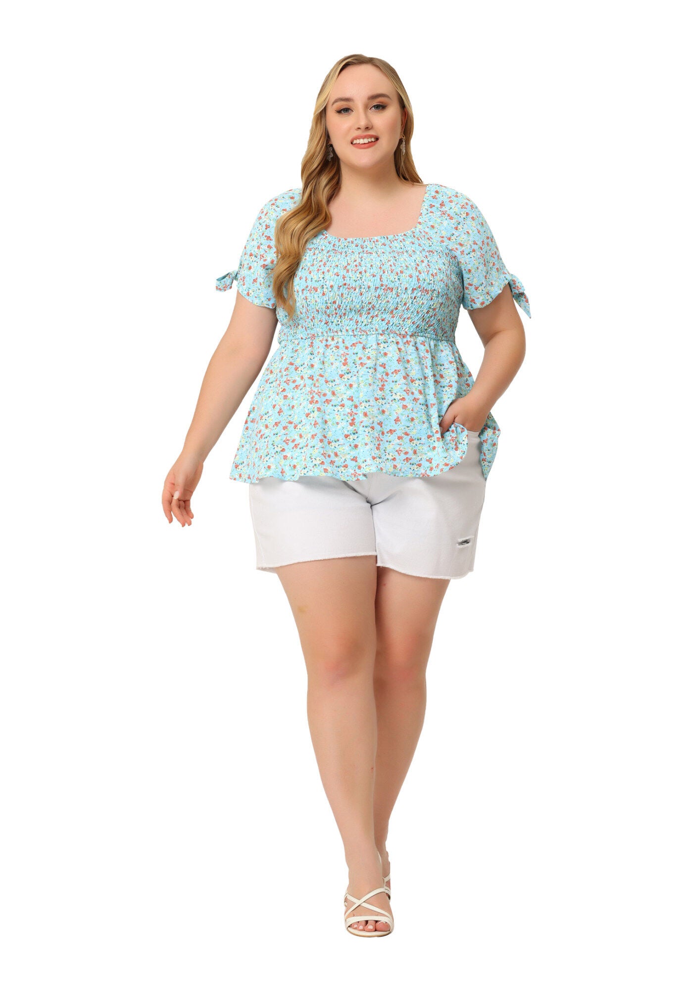 Summer Square Neck Smocked Bow Tie Short Sleeve Peplum Blouse, Light Blue / Light Blue, hi-res image number 0