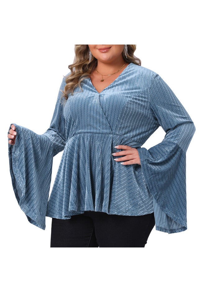 Velvet Faux Wrap Bell Sleeve Peplum Velvet Blouses, Blue / Dusty Blue, alternate image number 1
