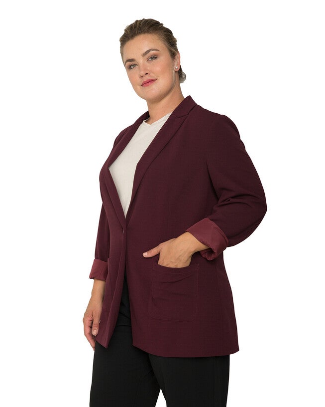 Plus Size Women's Burgundy Blazer Jacket, Burgundy / Burgundy, alternate image number 2