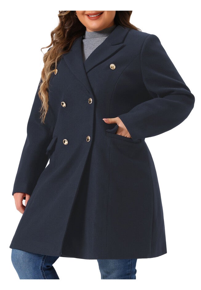 Double Breasted Notch Lapel Elegant Long Peacoat, Navy Blue / Navy, alternate image number 2