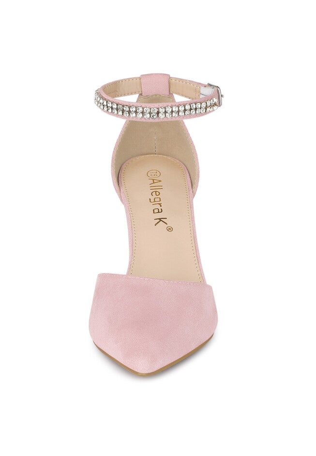 Pointed Toe Rhinestone Ankle Strap Chunky Heels Pumps, Light Pink / Pink, alternate image number 1