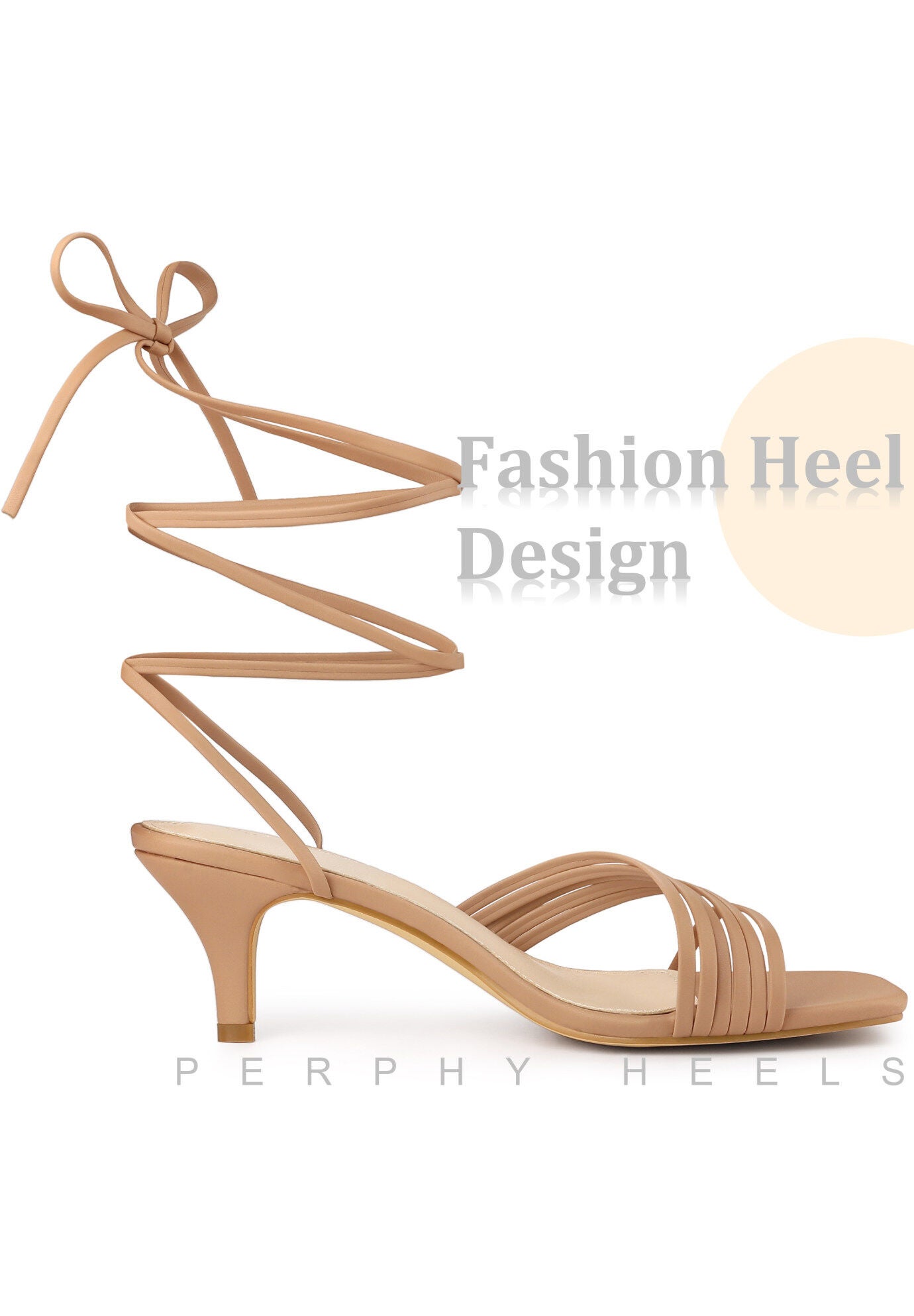Lace Up Square Toe Strappy Kitten Heels Sandals, Nude / Tan, alternate image number 2