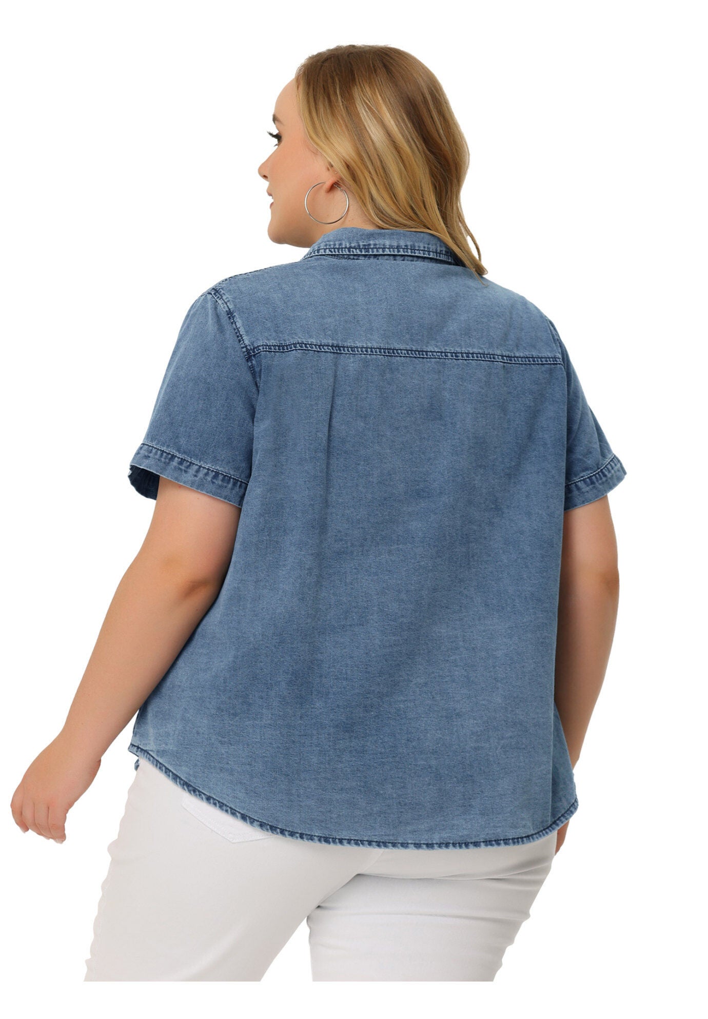 Jean Short Sleeve Button Down Top Denim Shirt, Stone Washed Blue / Medium Wash, alternate image number 3