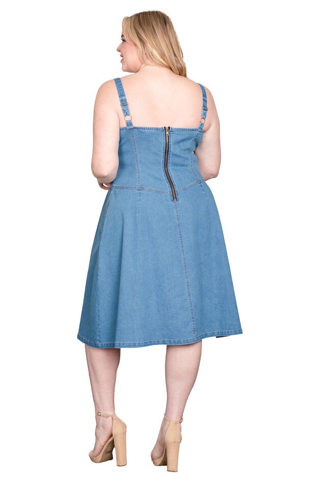 Straps Button Front Denim Midi Dress, Blue Blast / Light Blue, alternate image number null