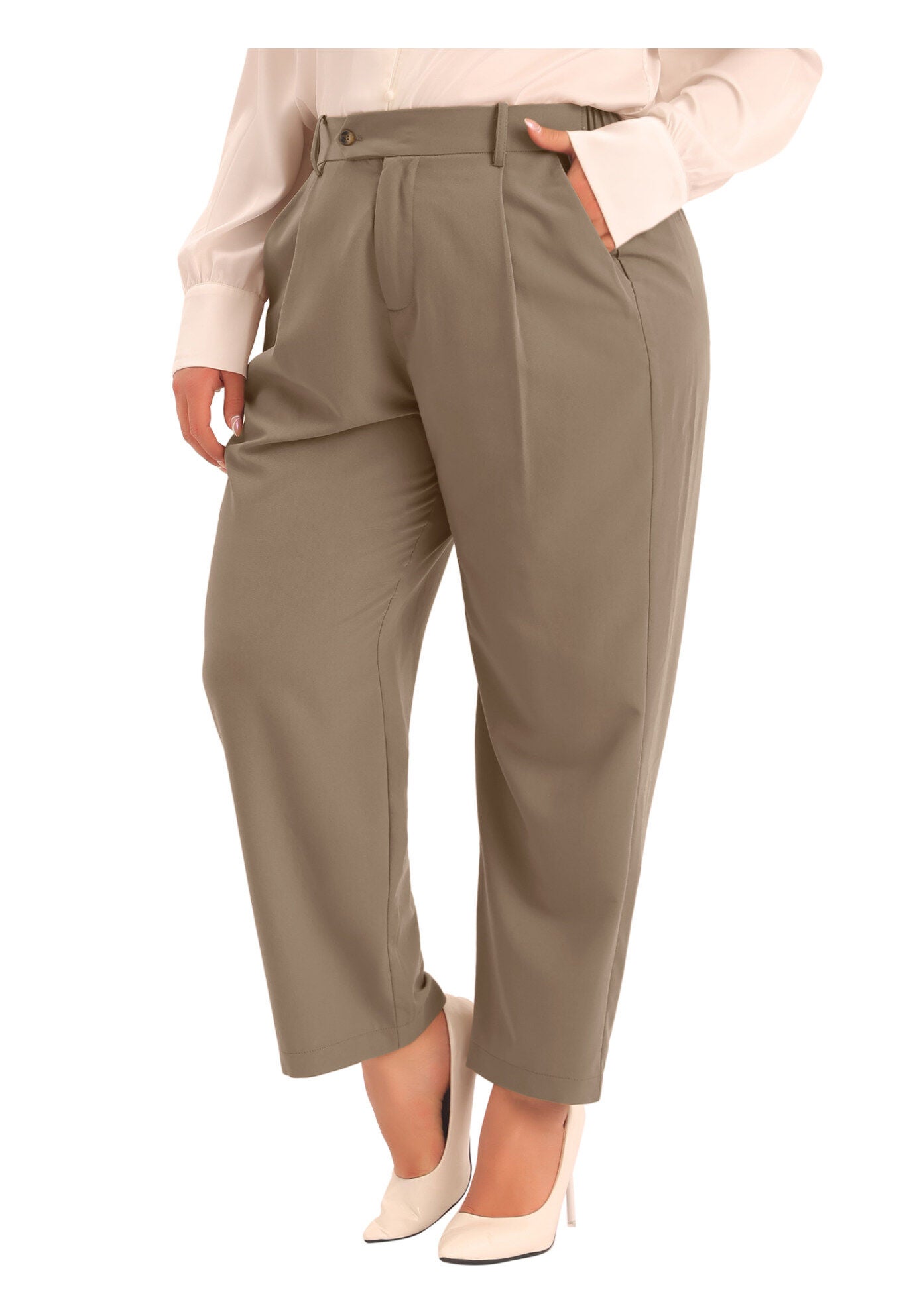 ELASTIC HIGH WAISTED LONG STRAIGHT BUSINESS CASUAL TROUSERS, Brown / Brown, alternate image number 2