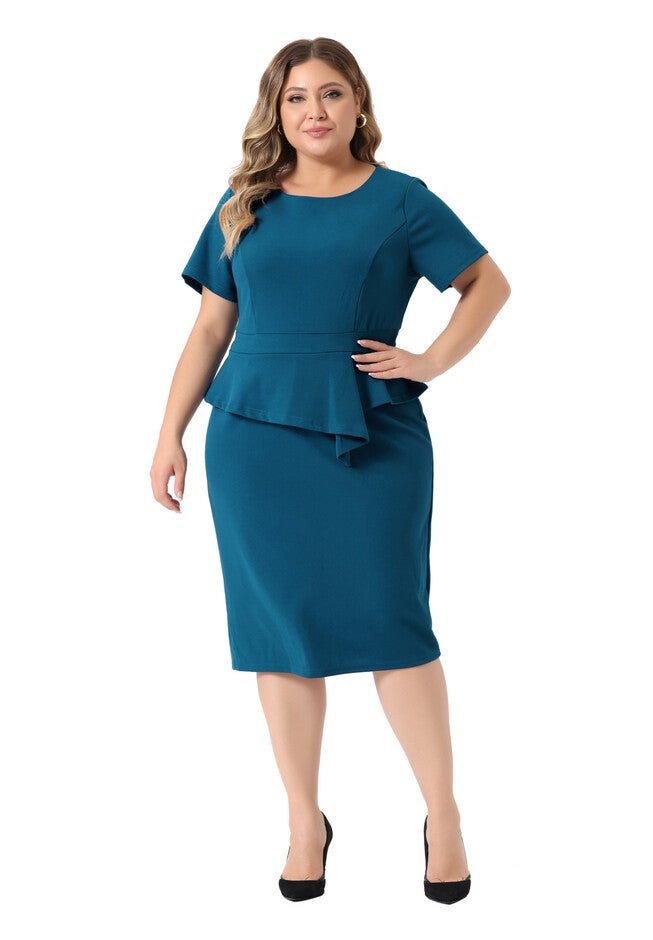Short Sleeves Crew Neck Office Peplum Pencil Dress, Lake Blue / Light Blue, hi-res image number 0