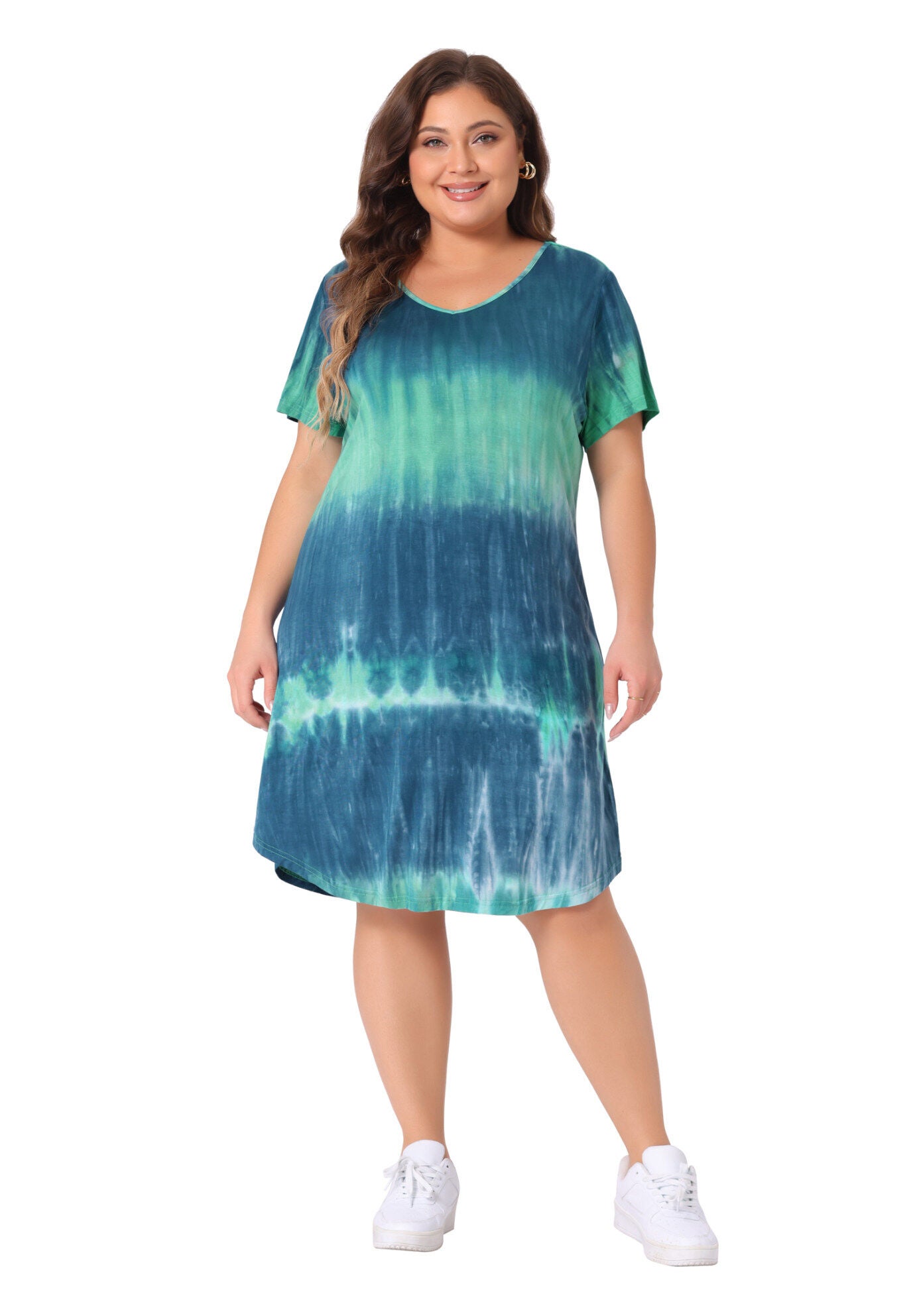 Tie Dye Summer V Neck Short Sleeve Dress, Blue Green / Turquoise, hi-res image number 0
