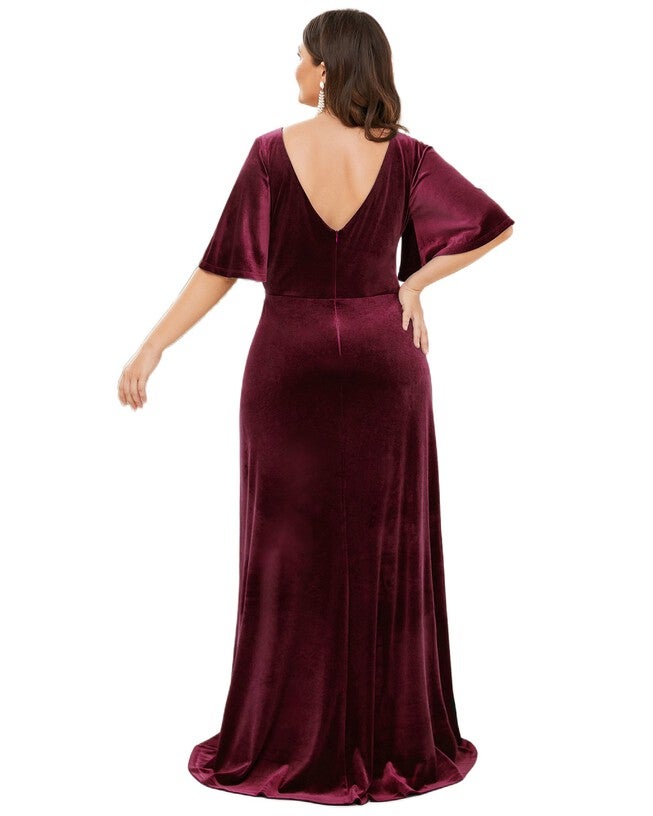 Elegant Double V Neck Velvet Party Dress with Sleeves, Burgundy / Burgundy, alternate image number 1