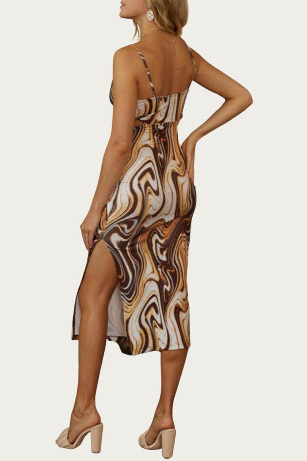 MARBLE-PRINT COWL STRETCH-JERSEY CUTOUT MIDI DRESS IN RUST/BROWN, , alternate image number 2