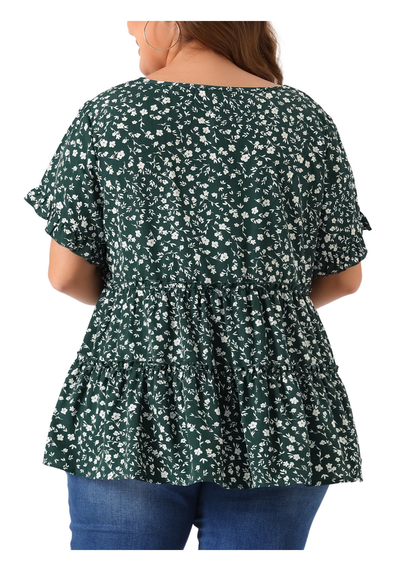 Floral Print V Neck Ruffles Sleeve Tiered Babydoll Blouse, Green / Forest Green, alternate image number 3