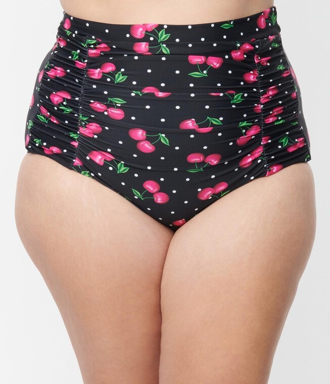 Unique Vintage Black & Hot Pink Cherry Pin Dot Monroe Swim Bottom, Black Hot Pink Cherry Pin Dot / Black, alternate image number null