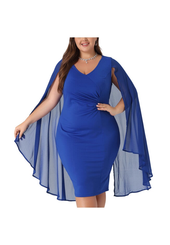 Chiffon Cape Sleeve Bodycon Pencil Cocktail Dress, Blue / Royal Blue, alternate image number null