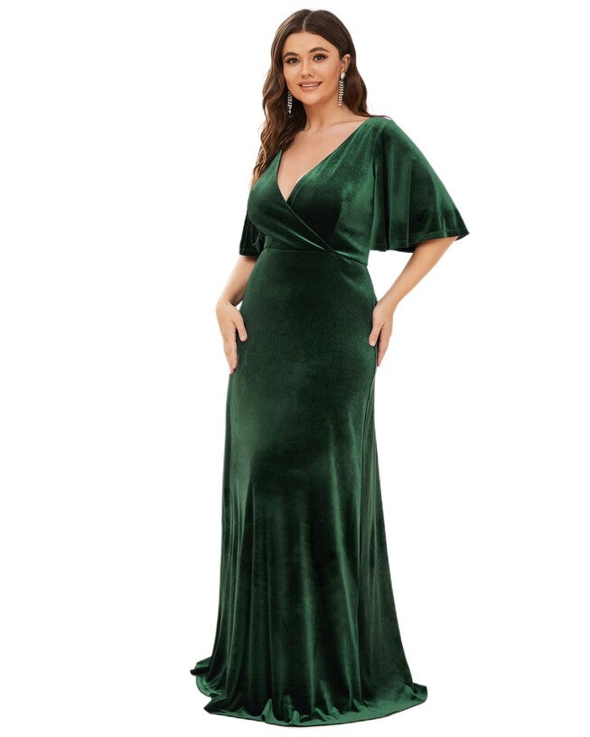 Elegant Double V Neck Velvet Party Dress with Sleeves, Dark Green / Forest Green, alternate image number null