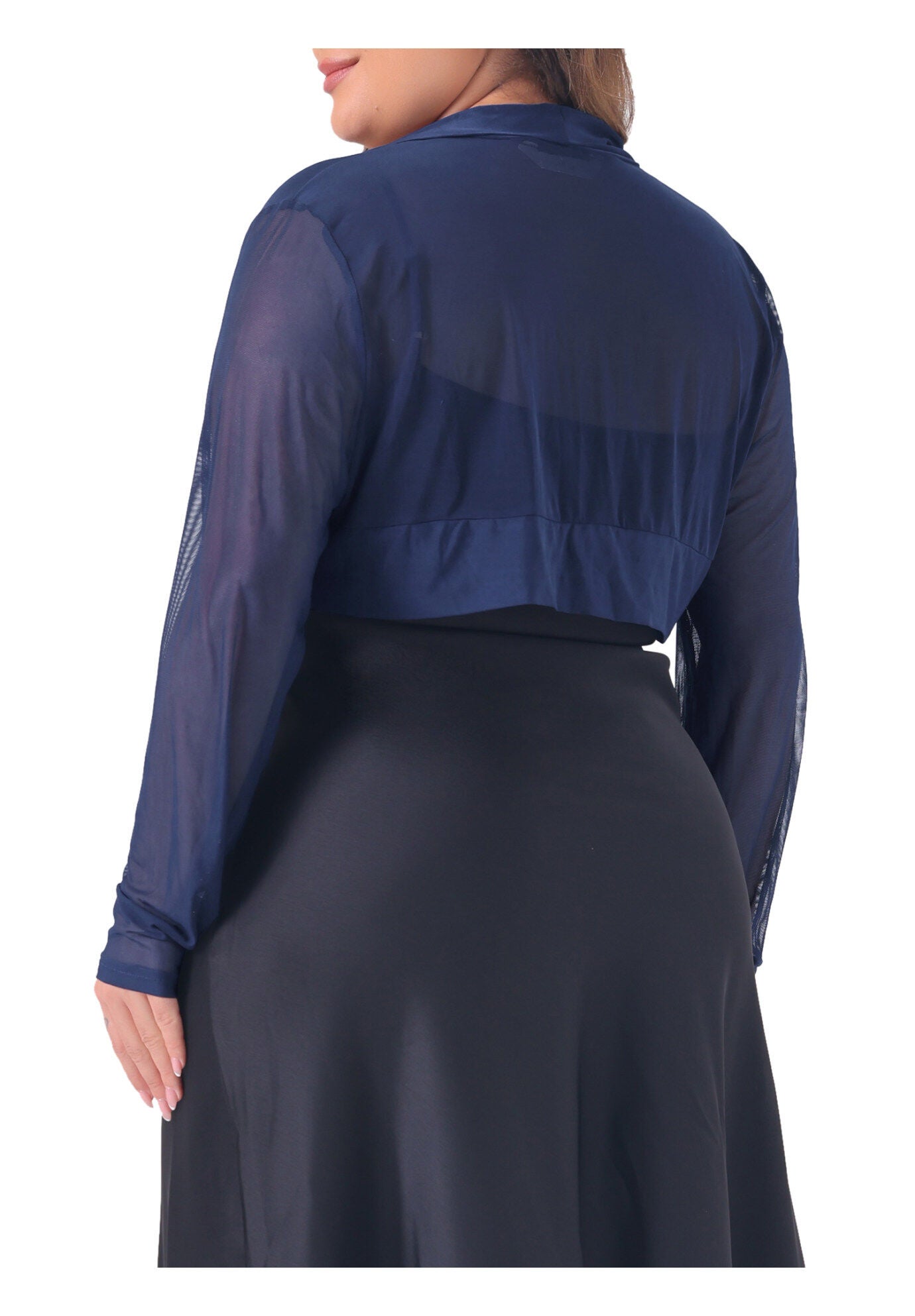 LONG SLEEVE SHEER BOLERO SHRUG MESH CROP CARDIGAN, Navy Blue / Navy, alternate image number 3