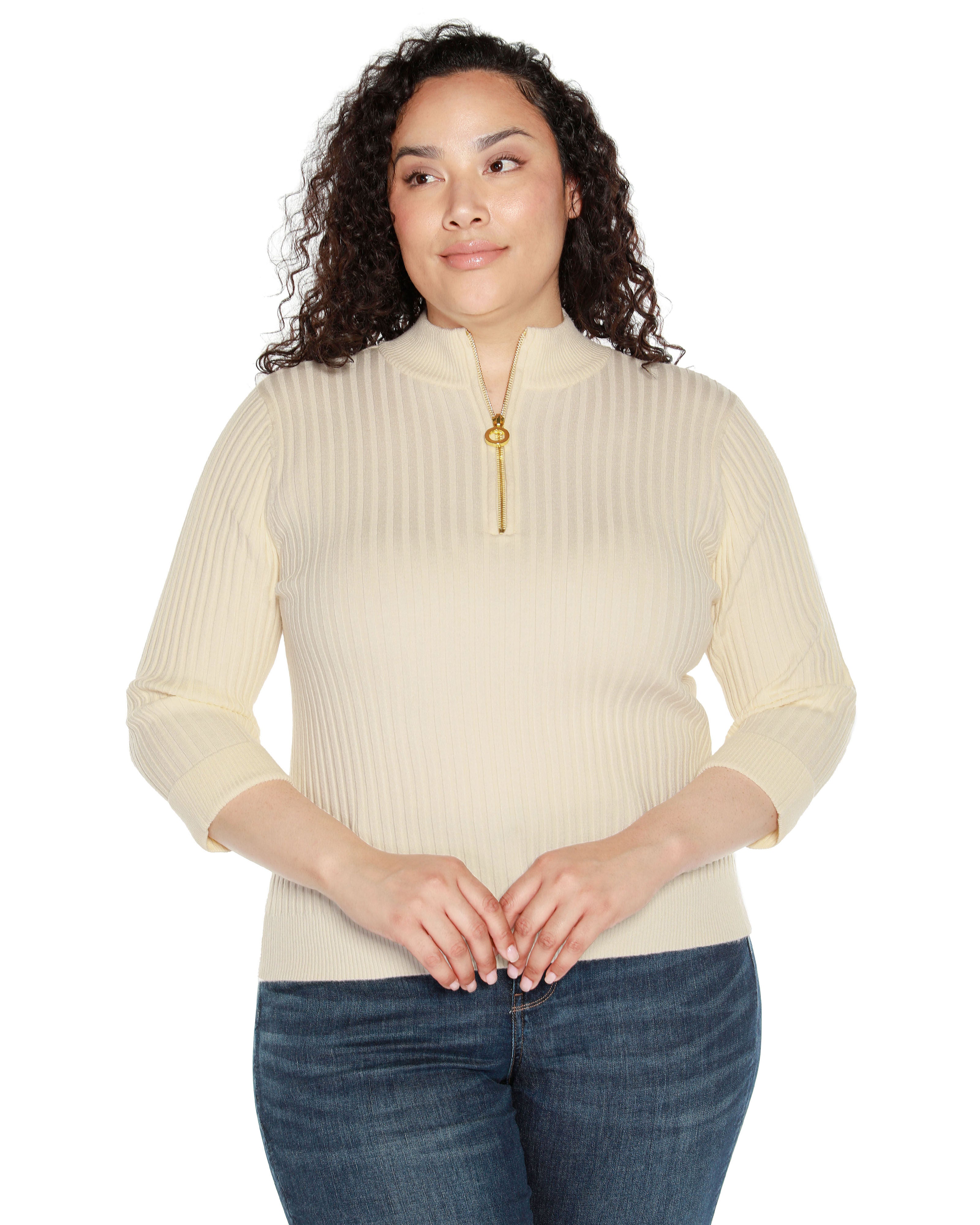 RIBBED QUARTER-ZIP SWEATER, Ecru / Ivory, hi-res image number 0