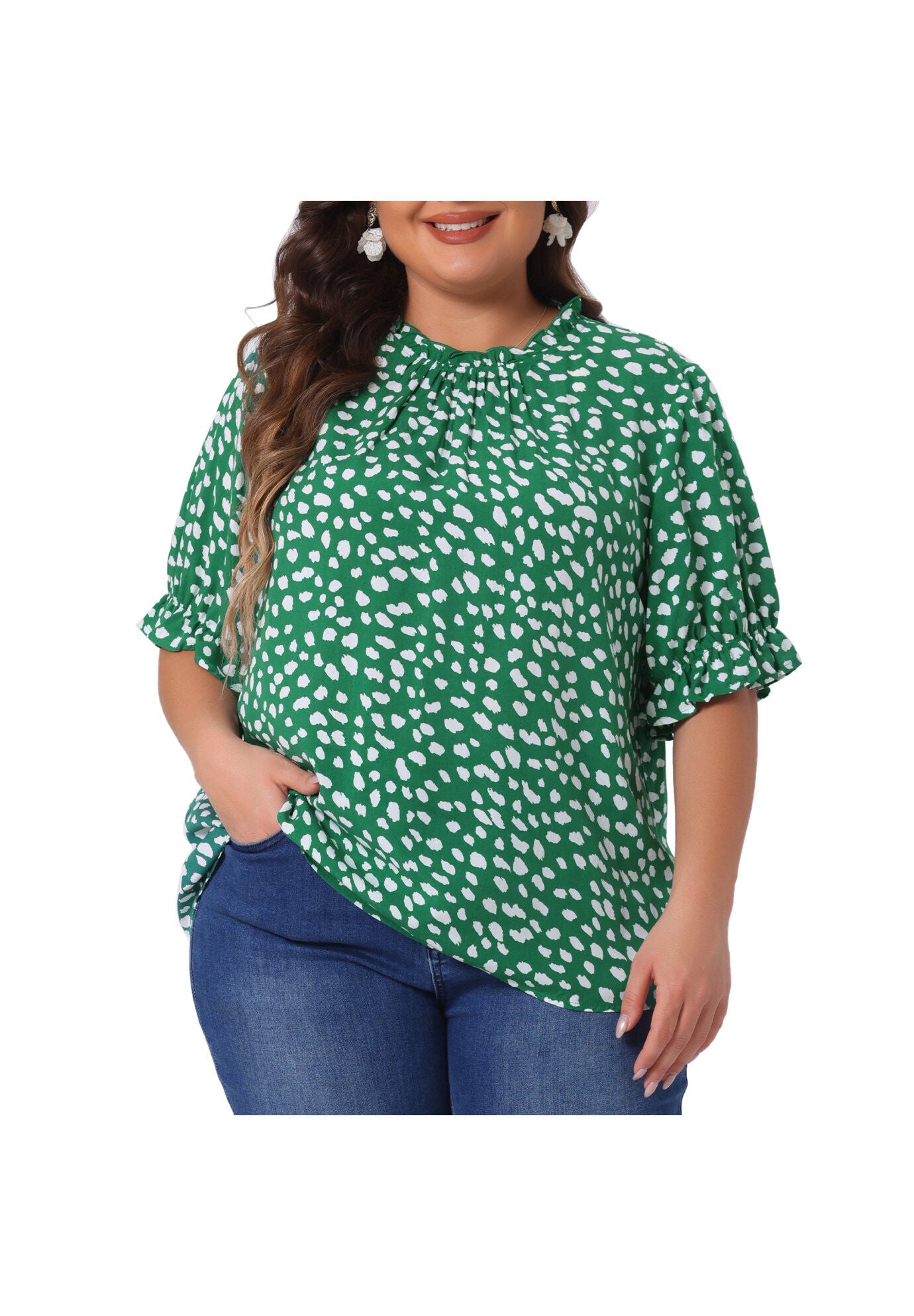 Polka Dots Printed Short Sleeve Ruffle Mock Neck Blouse, Green / Kelly Green, alternate image number 2