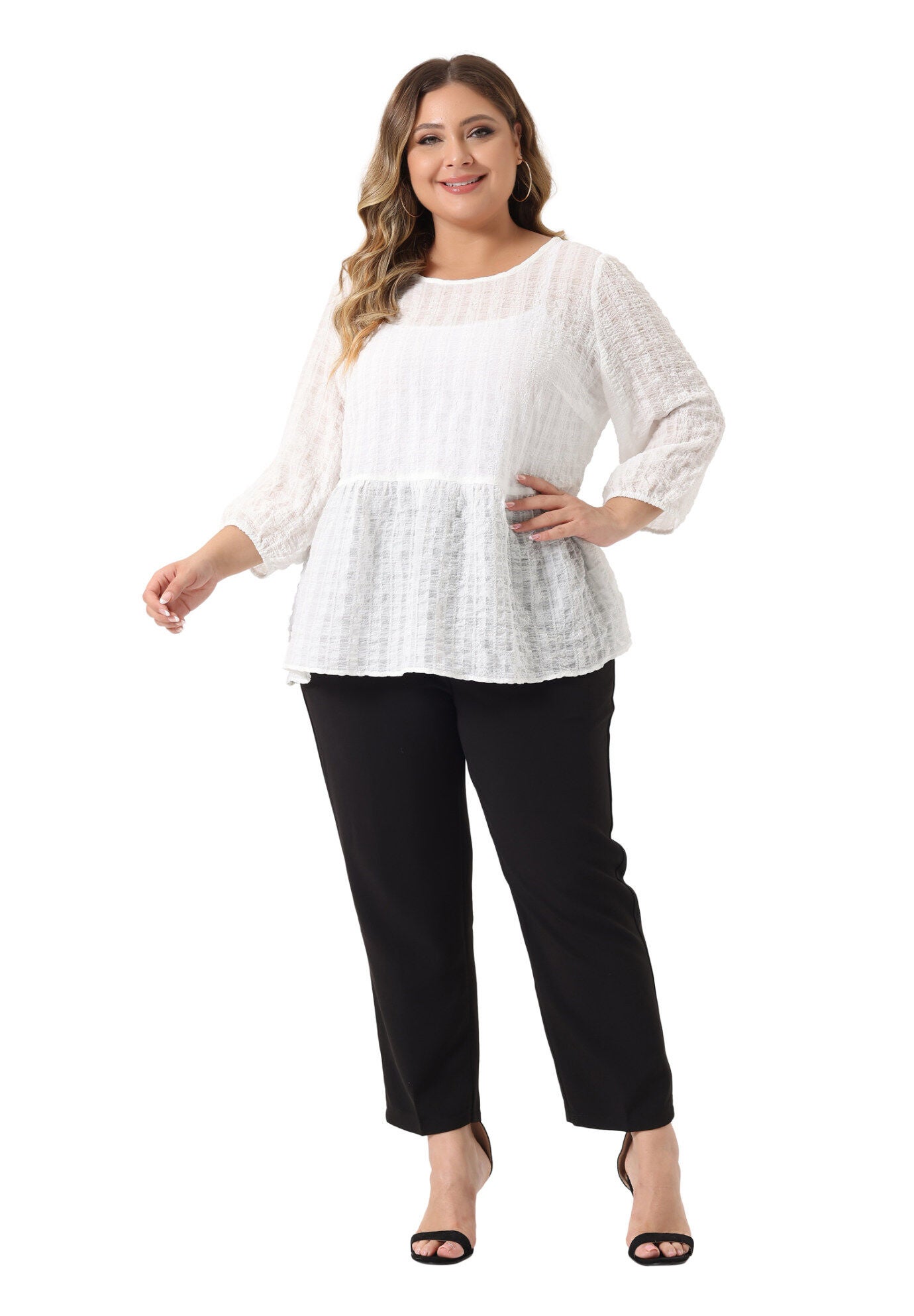 Babydoll Blouse Round Neck 3/4 Puff Sleeve Tiered Peplum Top, White / White, hi-res image number 0