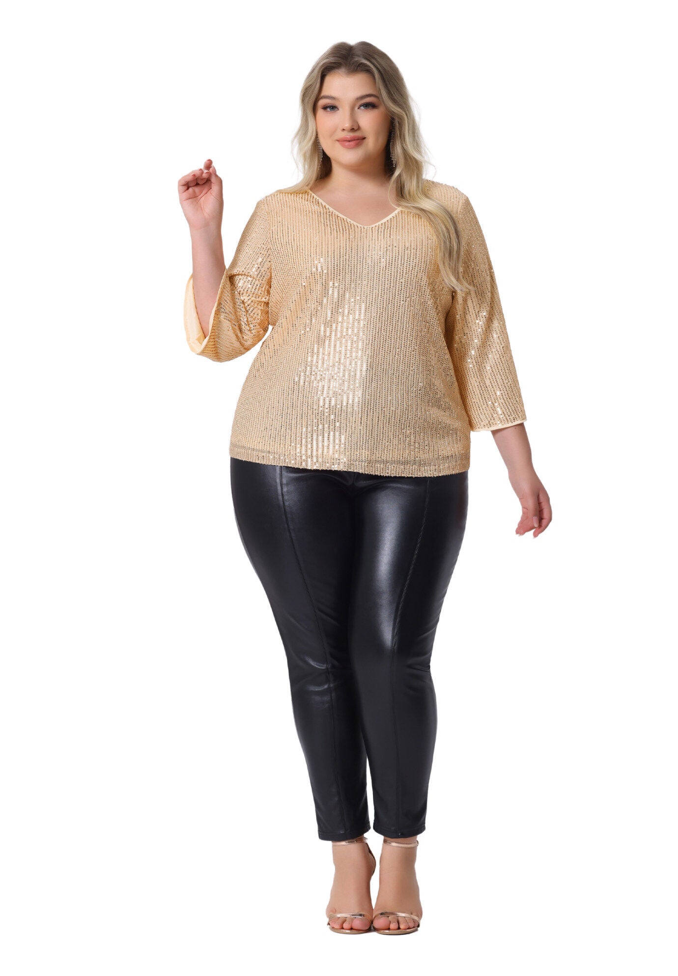 Sequin 3/4 Sleeve V Neck Glitter Top, Champagne / Gold, hi-res image number 0