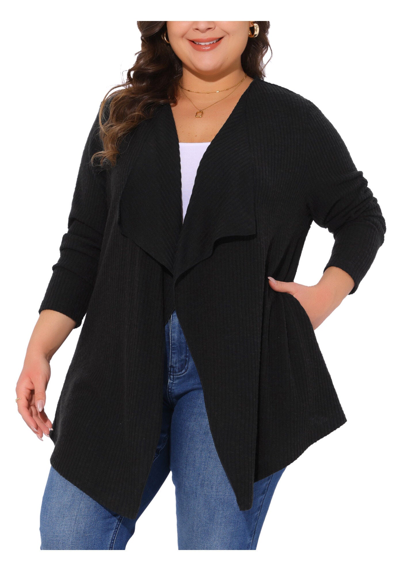 OPEN FRONT IRREGULAR HEM CARDIGAN WITH POCKETS, Black / Black, alternate image number 1