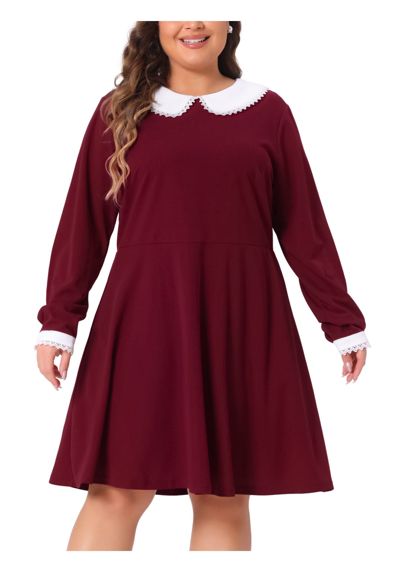 LONG SLEEVE DOLL PETER PAN COLLAR FLARE MIDI DRESS, Burgundy / Red, alternate image number 2