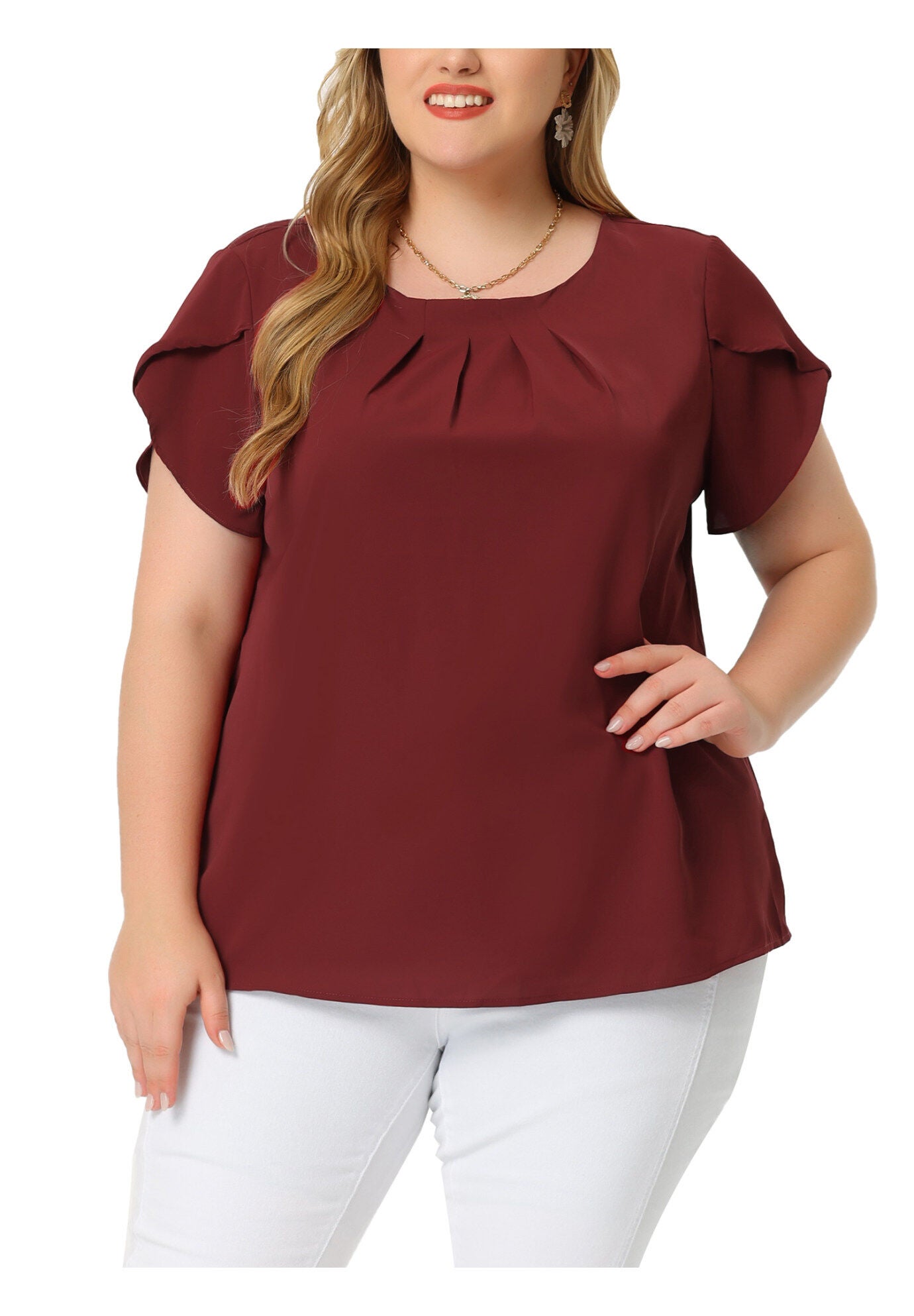 Round Neck Pleated Top Tulip Sleeves Blouse Top, Red / Red, alternate image number 2