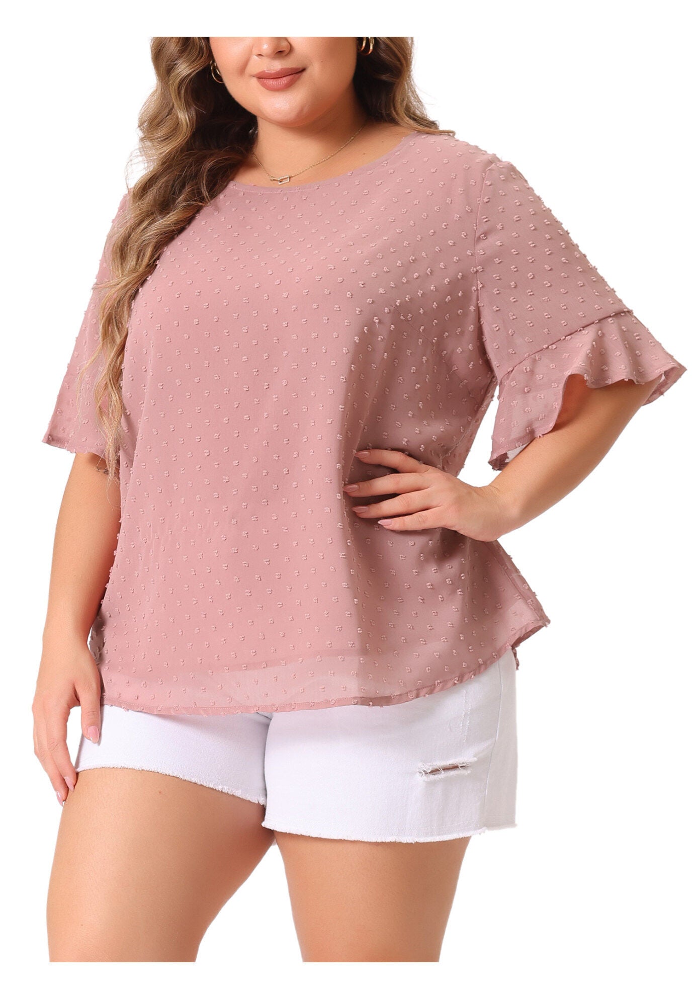 ROUND NECK RUFFLE SLEEVE SWISS DOTS TEE T-SHIRT TOP, Dark Pink / Pink, alternate image number 1