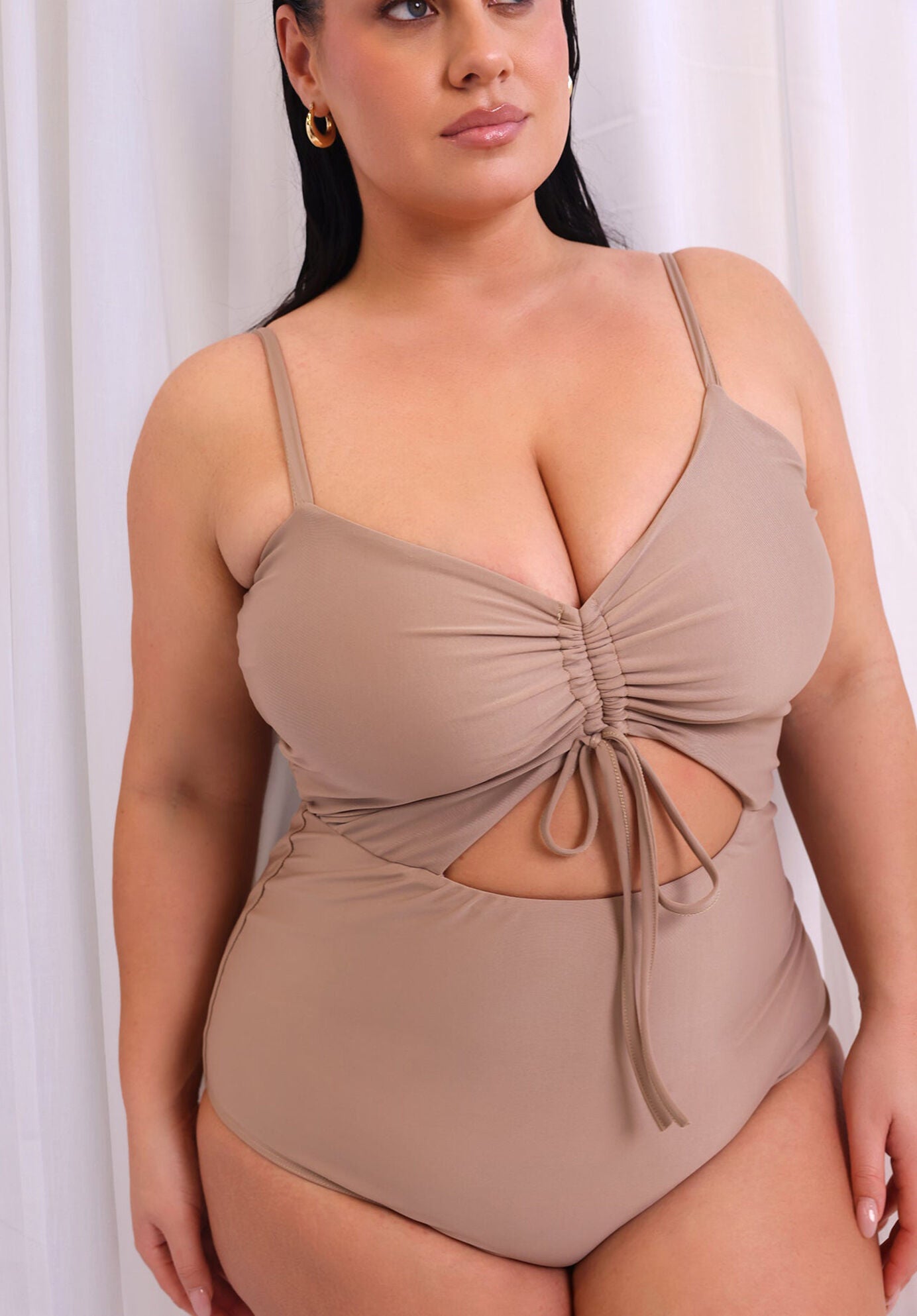 Amara Drawstring Cut Out Swimsuit, Beige / Beige, alternate image number 2