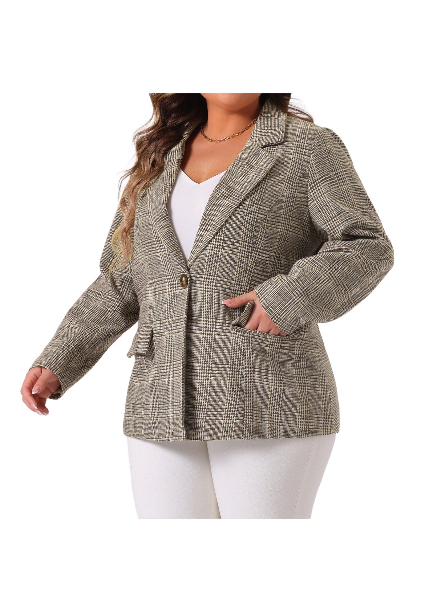 PLAID NOTCHED LAPEL CASUAL BLAZER, Brown / Brown, alternate image number 1