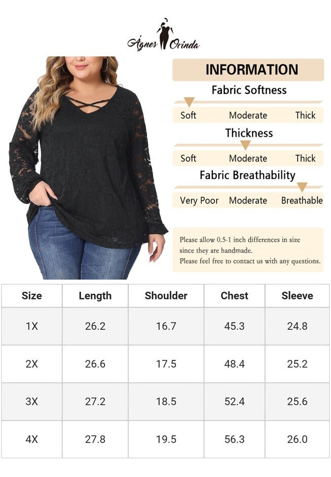 LACE BLOUSE CROSS V NECK SHEER DOUBLE LAYER LONG SLEEVE TOP, Black / Black, alternate image number 4