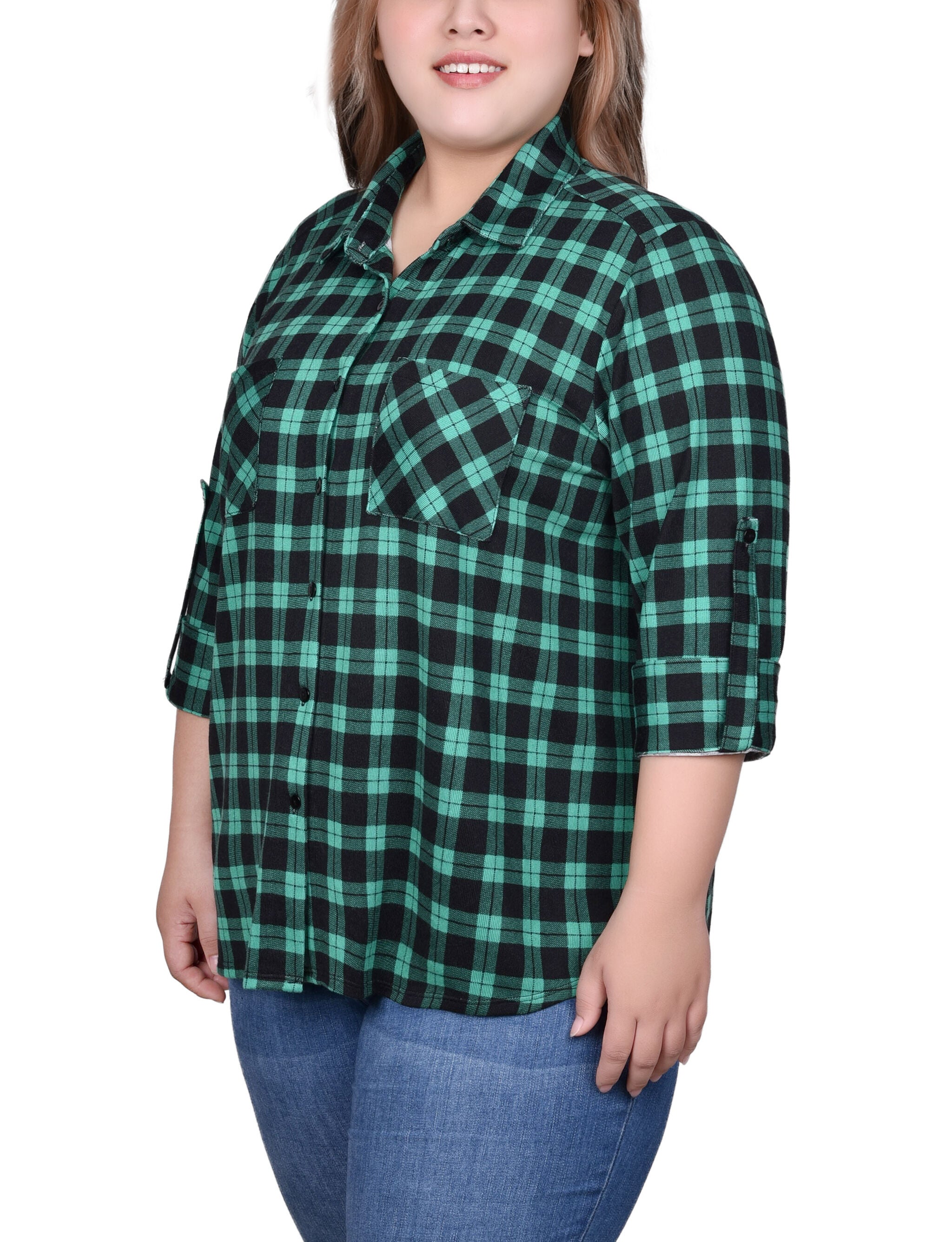 Long Sleeve Button Front Tunic Top, Green Black Plaid, alternate image number 2