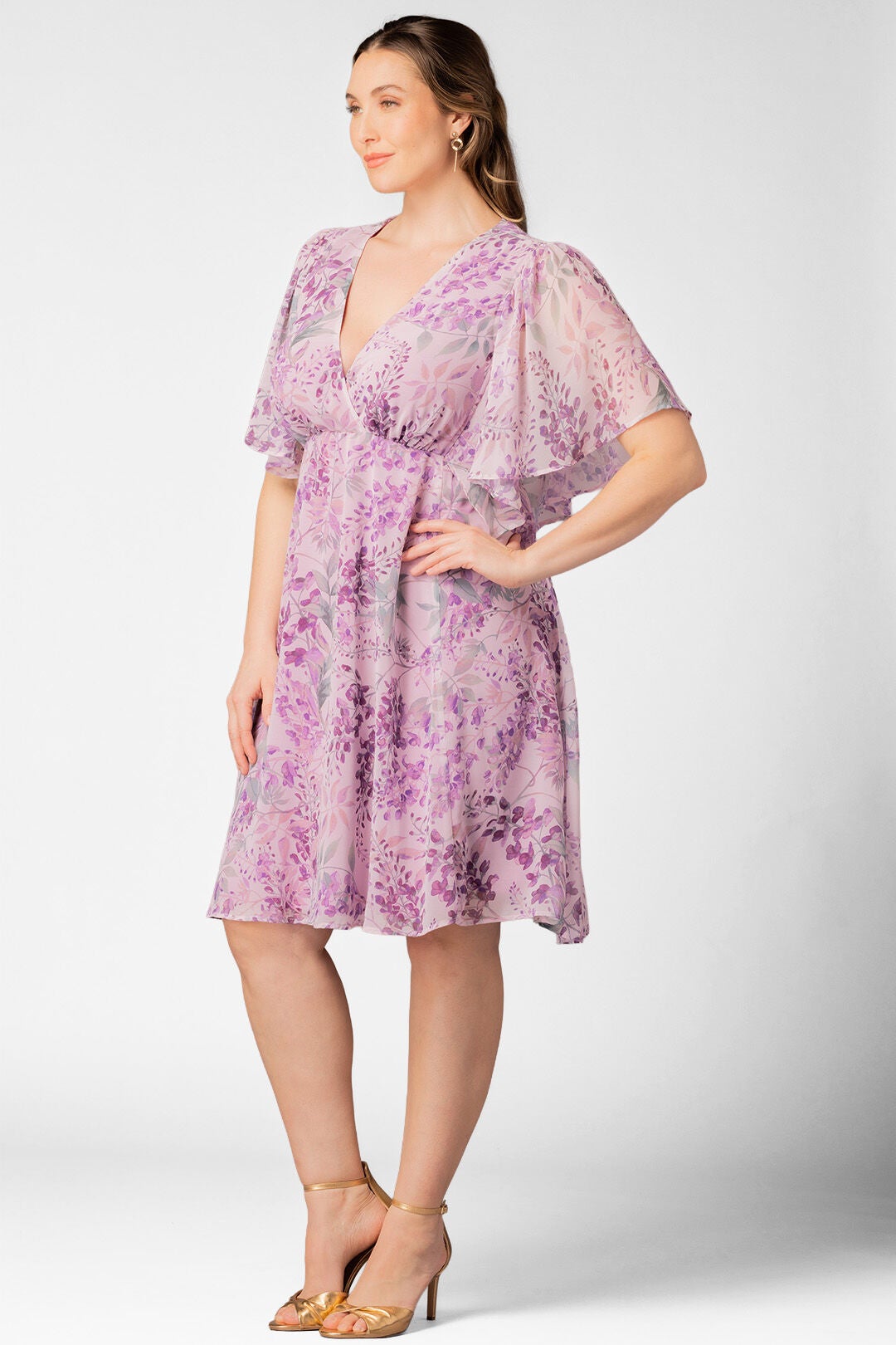 Florence Flutter Sleeve Dress, Wisteria Blooms / Lilac, alternate image number 3
