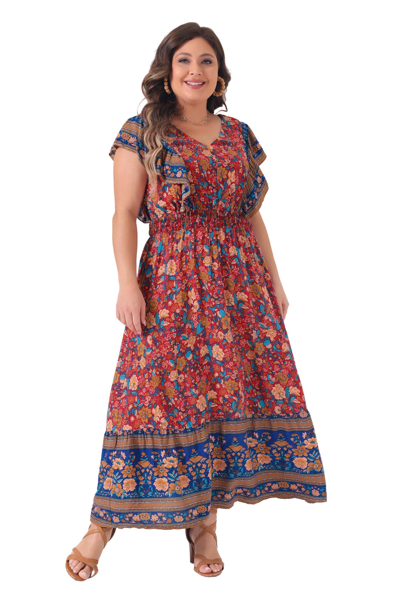 V Neck Ruffle Sleeve Boho Floral Maxi Long Dress, Red / Red, hi-res image number 0