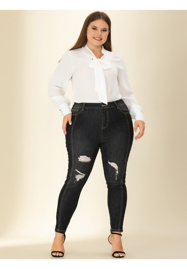 MID RISE STRETCH WASHED SKINNY JEANS DENIM JEGGINGS, BlackRipped / Black, hi-res image number 0