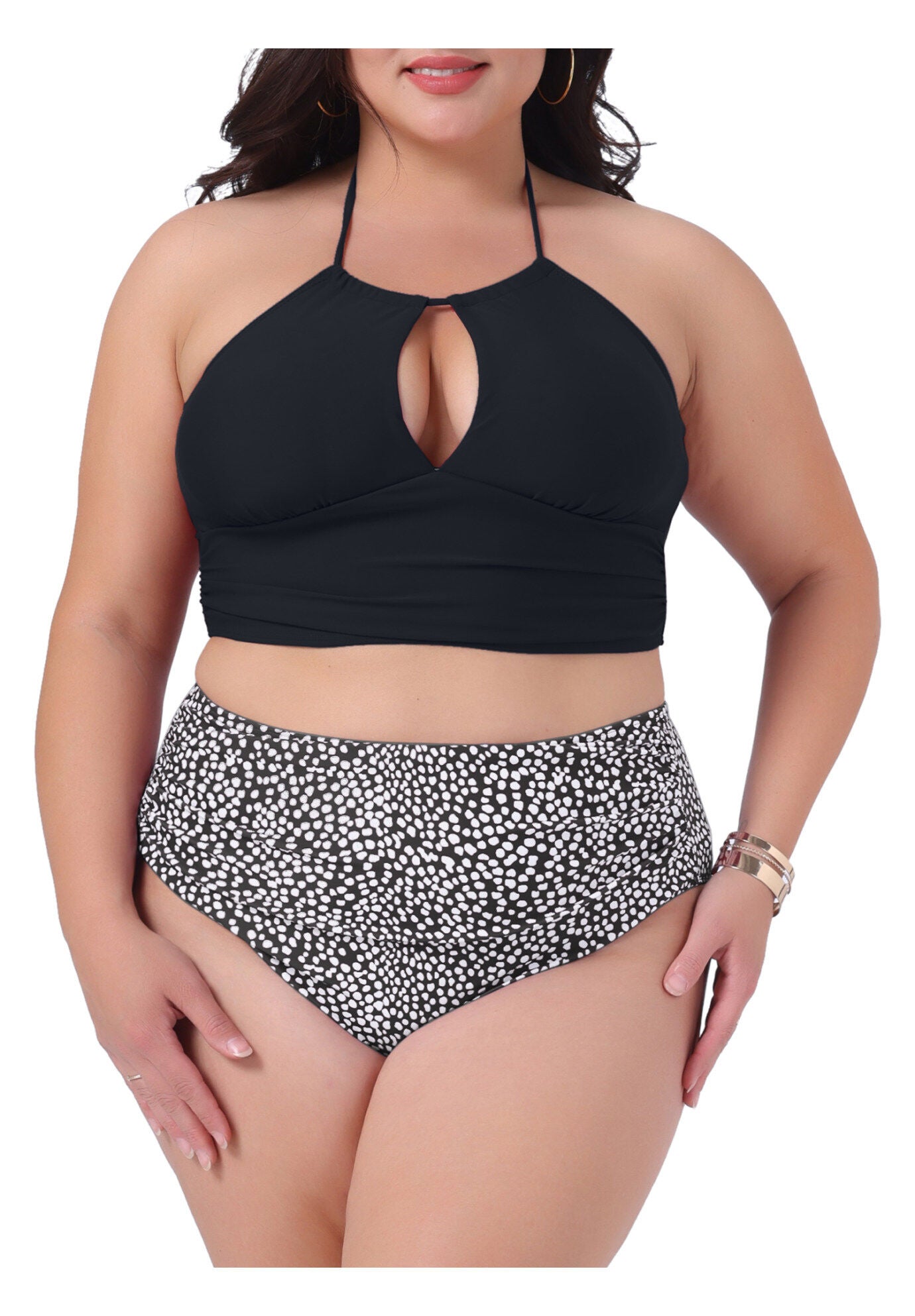 2 Piece Halter Ruched Polka Dots Solid High Waisted Swimsuit Set, Black White / White, alternate image number 4