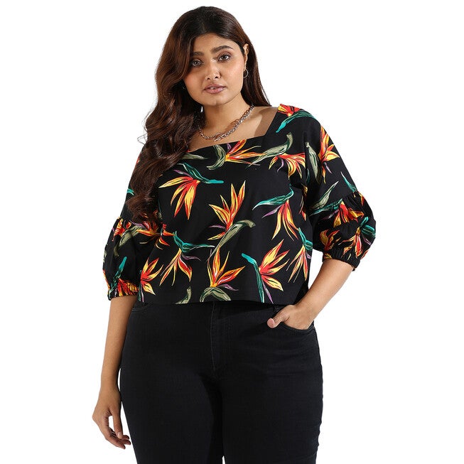 Women Tropical Design Casual Top, Black / Black, hi-res image number 0