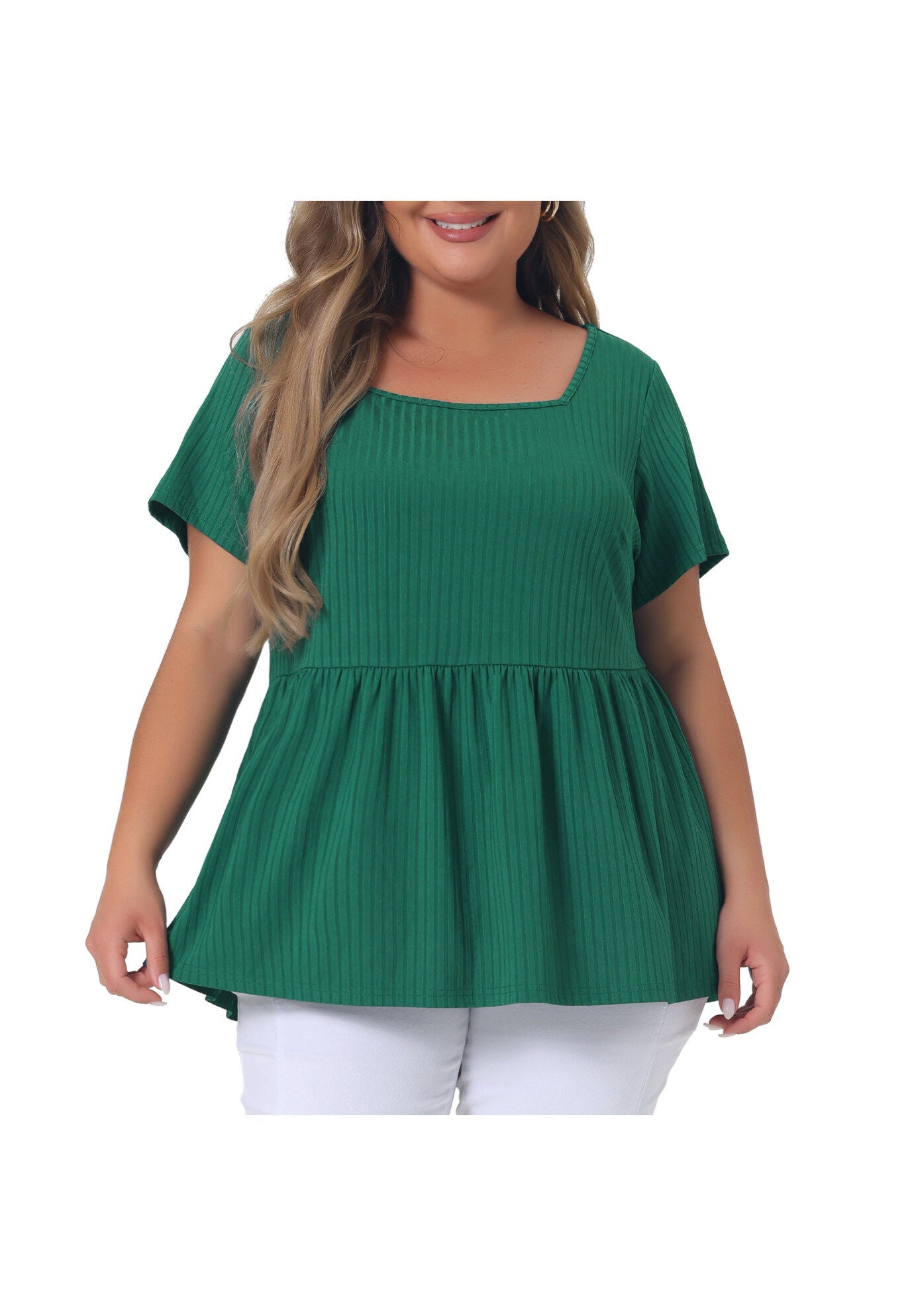 Babydoll Top Summer Peplum Short Sleeve Summer Oversized Tunic Blouse, Green / Forest Green, alternate image number 2