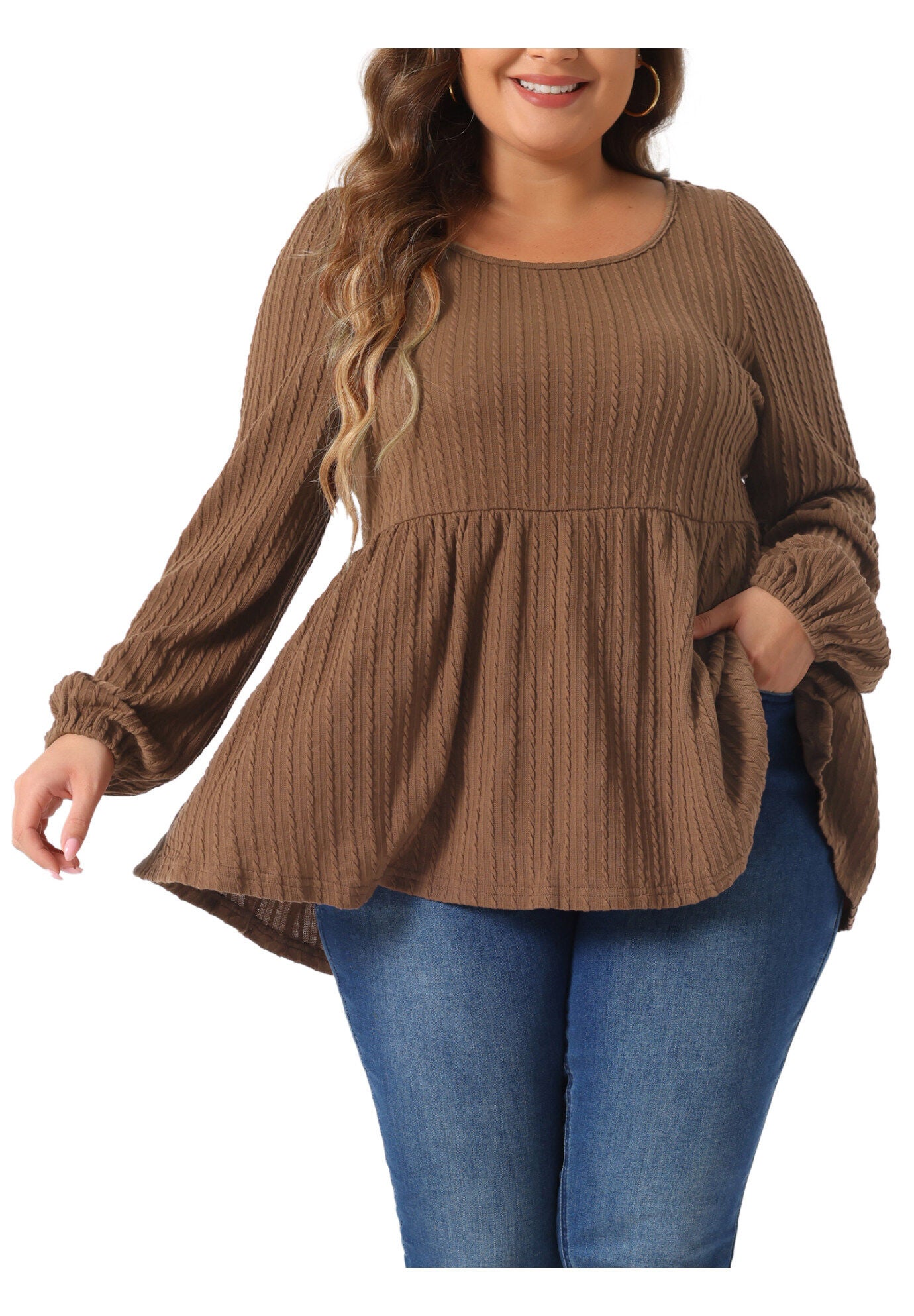 Scoop Neck Long Sleeve Ruffle Hem Peplum Knit Blouse, Brown / Brown, alternate image number 3