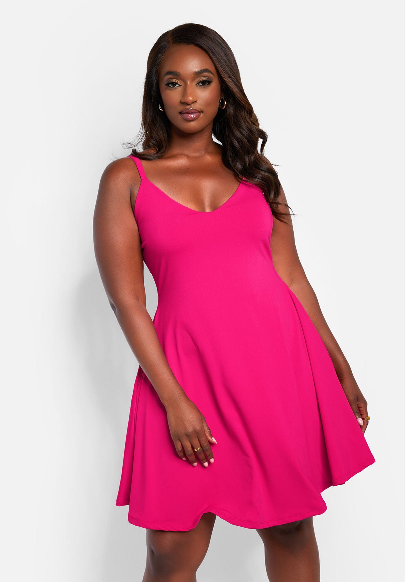 Essential V Neck Strappy Mini Skater Dress, Fuchsia / Deep Fuchsia, alternate image number 2