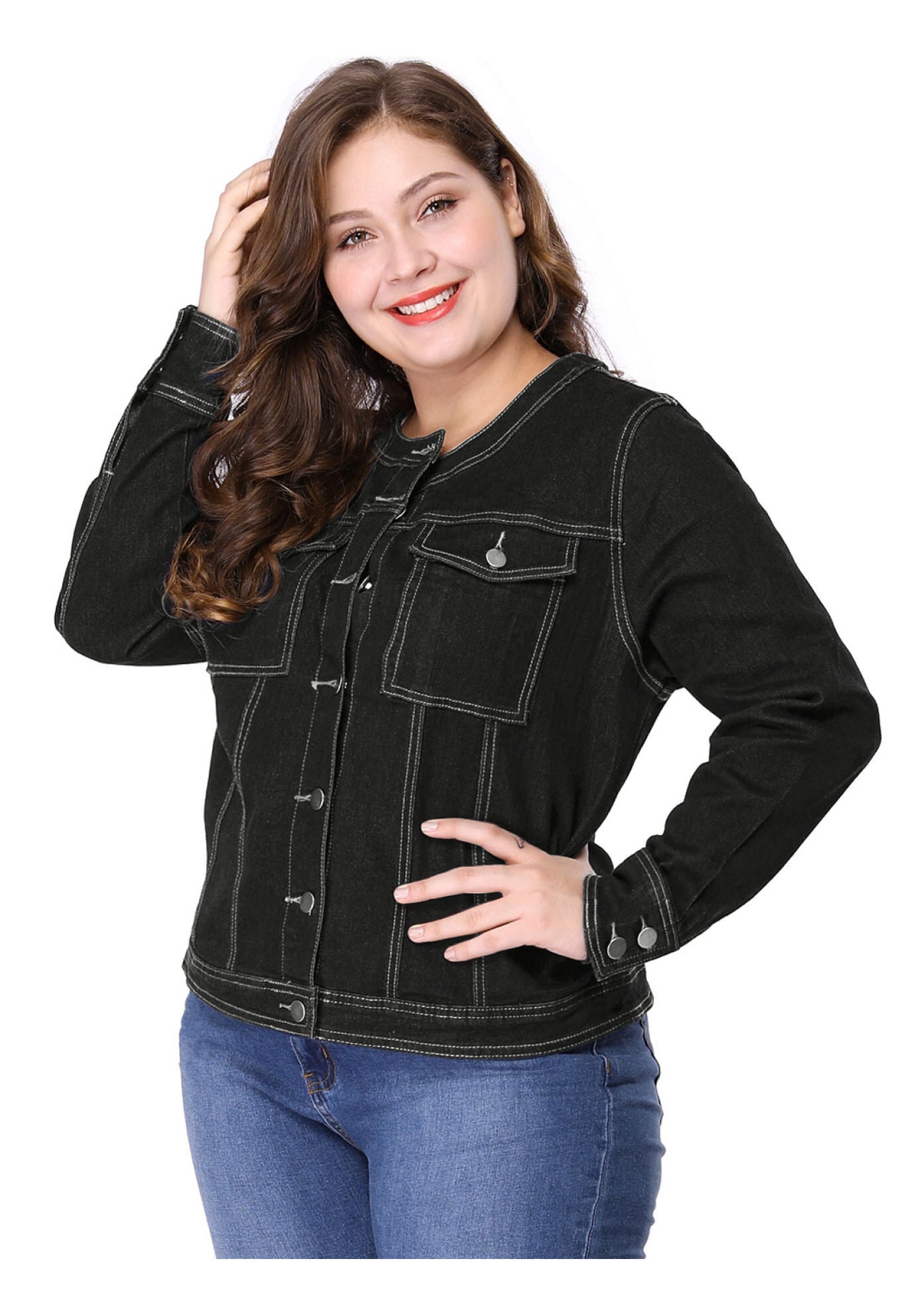 COLLARLESS DENIM JACKET, Black / Black, hi-res image number 0