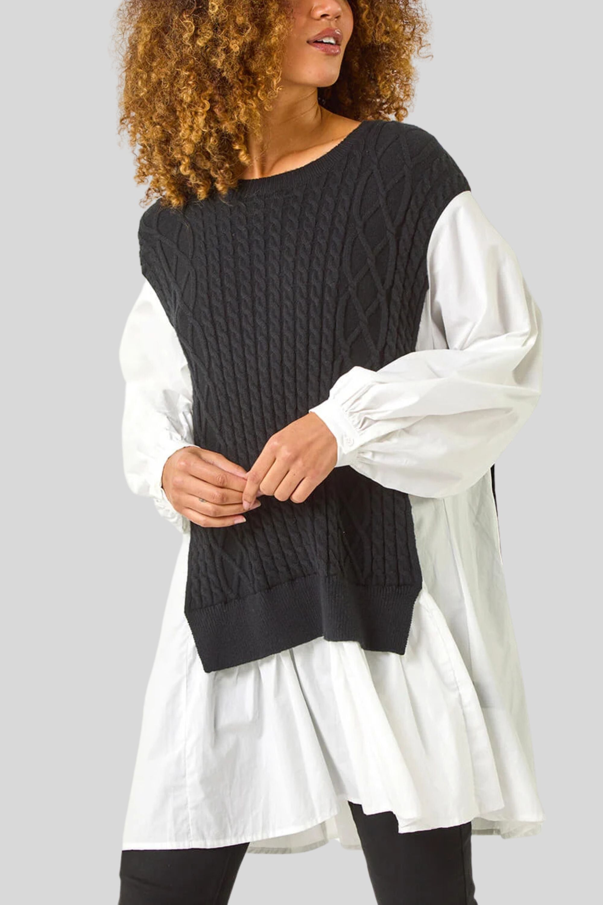 Annick - Helga Oversize Faux Layer Tunic Shirt Dress, Black / Black, alternate image number 1