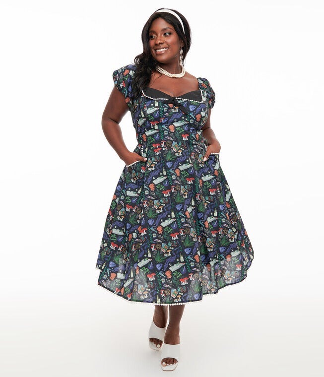 1950s Black Spellbinding Print Swing Dress, Black Halloween Print / Black, alternate image number 2