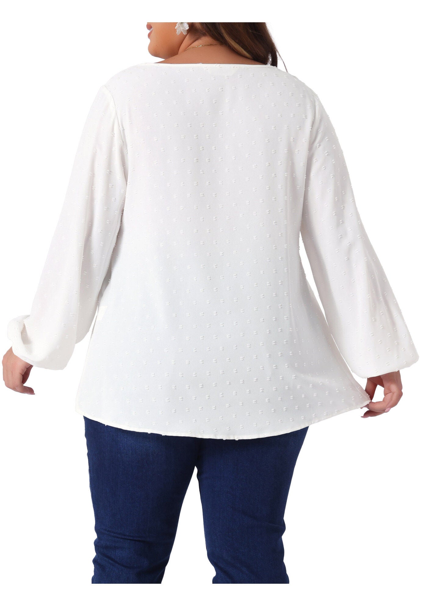 Crewneck Chiffon Blouses Swiss Dots Long Sleeve Top, White / White, alternate image number 2