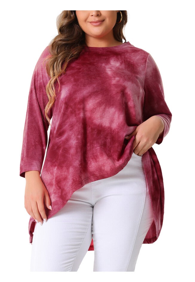 Tie Dye Crew Neck 3/4 Sleeve High Low Tunic Top Tee Shirt, Burgundy / Red, alternate image number 2
