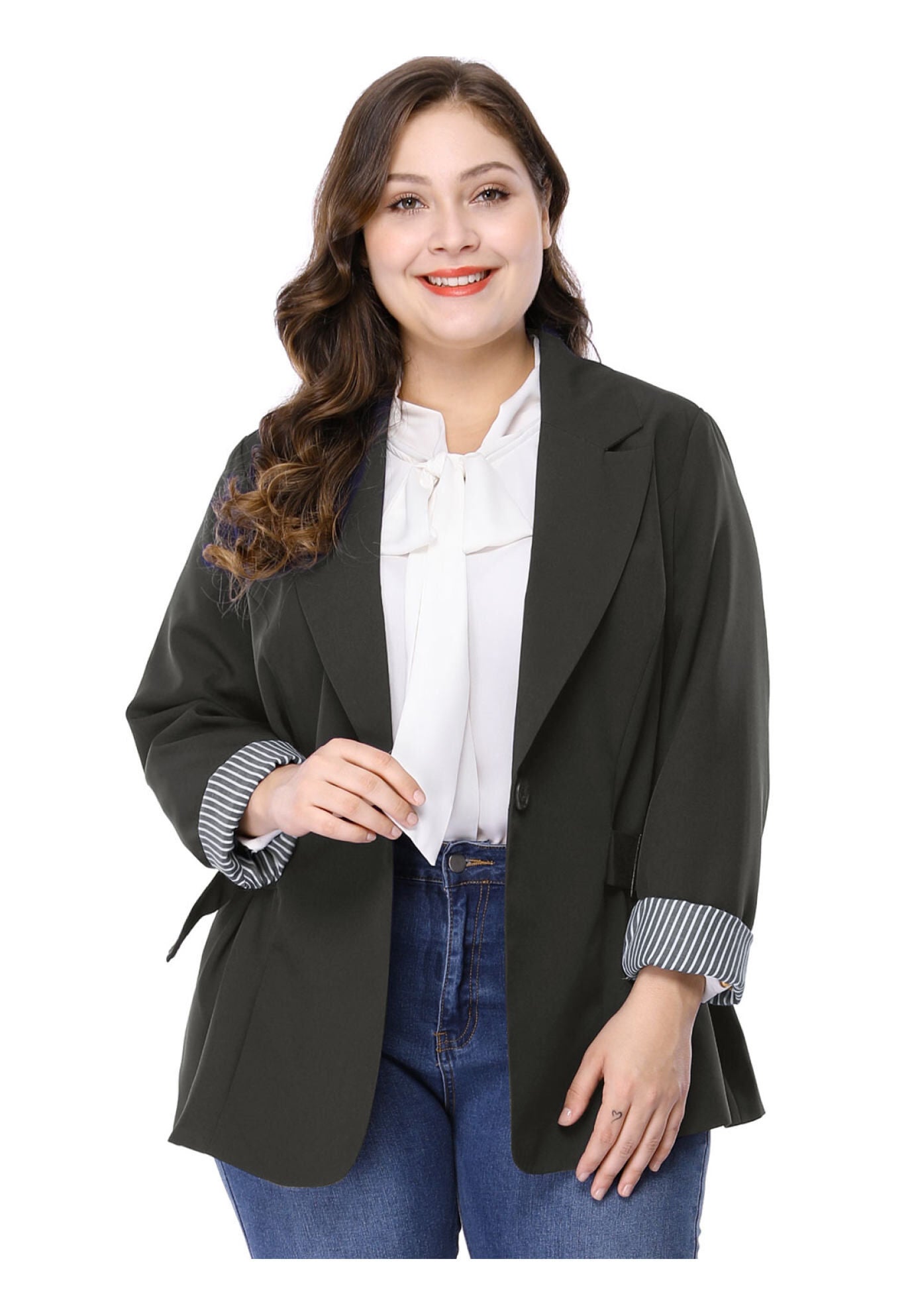 CONTRAST STRIPE CUFF NOTCHED LAPEL BLAZER, Dark Black / Black, alternate image number 2