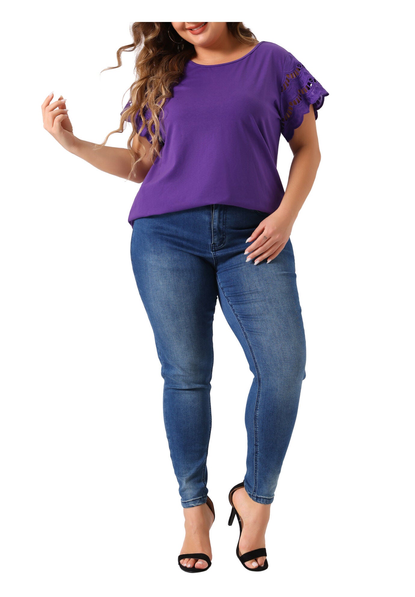 Lace Panel Hollow Short Sleeve Summer Blouse, Purple / Purple, hi-res image number 0