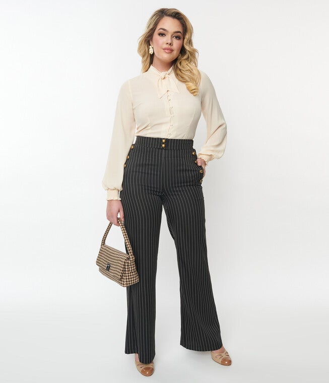 Unique Vintage Black & White Pinstripe Sailor Pants, Black / Black, hi-res image number null