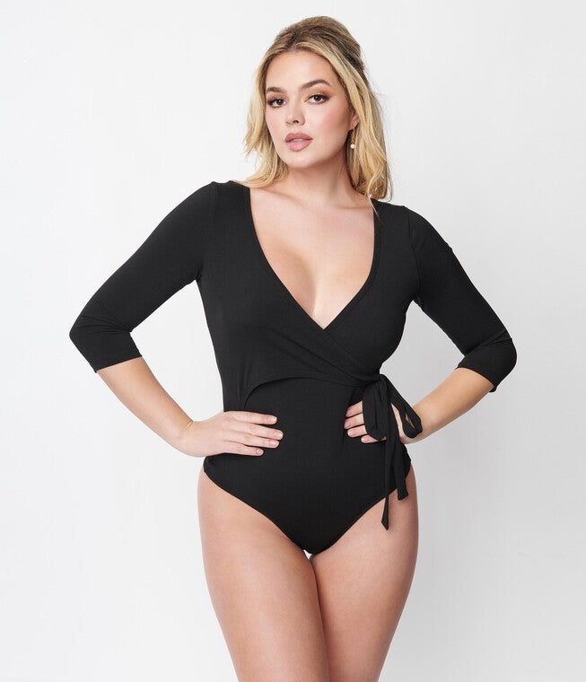 Unique Vintage Black Ribbed Surplice Bodysuit, , alternate image number null