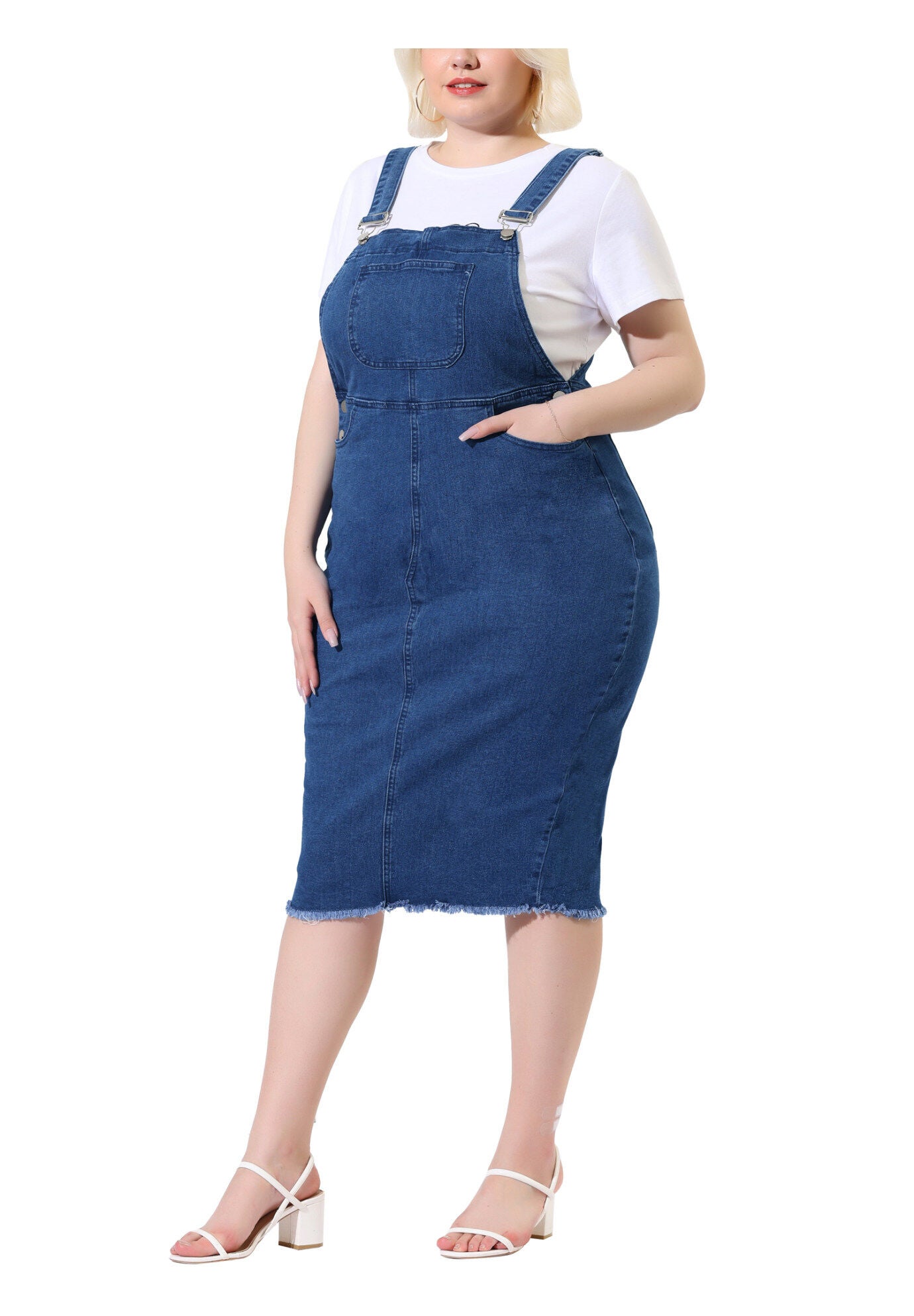 ADJUSTABLE STRAP BACK SLIT DISTRESSED DENIM OVERALL DRESS, Dark Blue / Navy, alternate image number 2