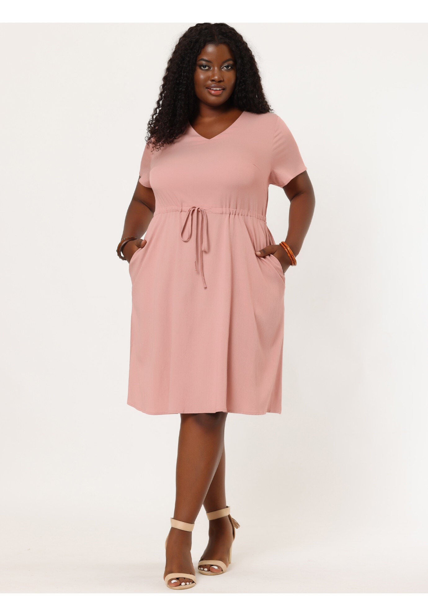 V Neck Short Sleeve A Line Flowy Midi Chambray Dress, Pink / Pink, alternate image number 1