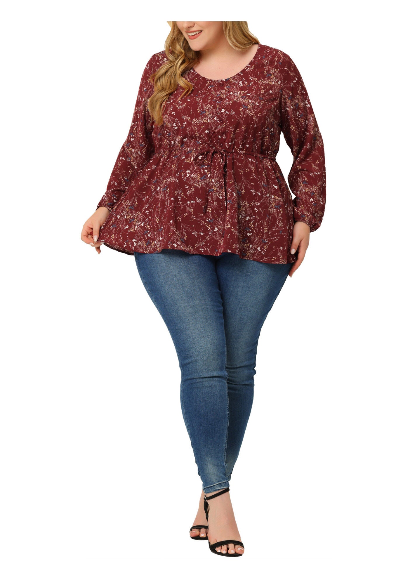 Floral Print Long Sleeves Belt Tie Ruffle Casual Peplum Top, Red / Red, alternate image number 1